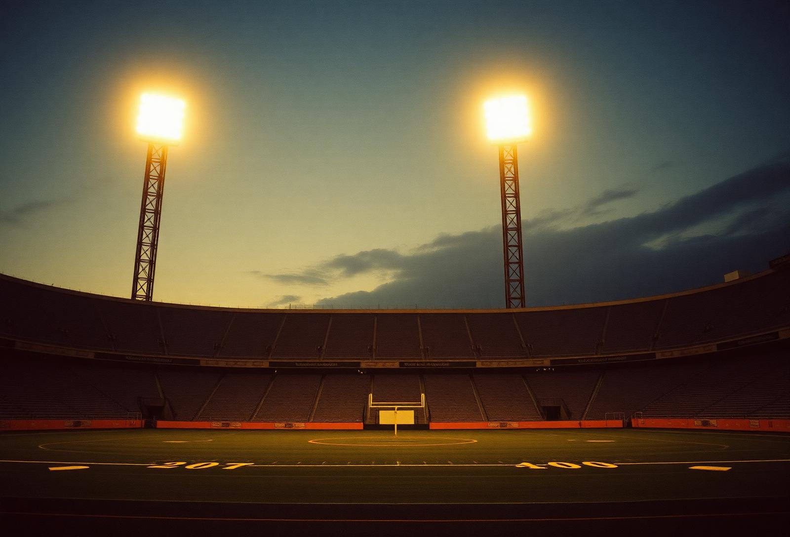 Stadium floodlights over an empty football field at dusk.