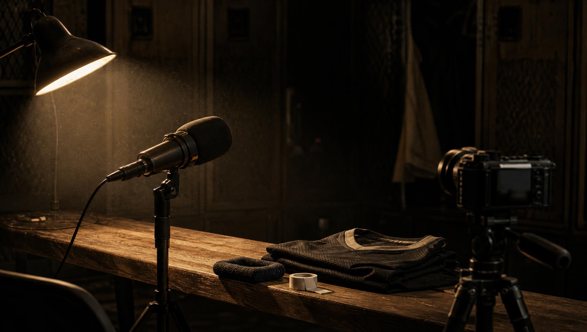 A documentary microphone and camera set up in a quiet locker room, waiting to capture an athlete testimony