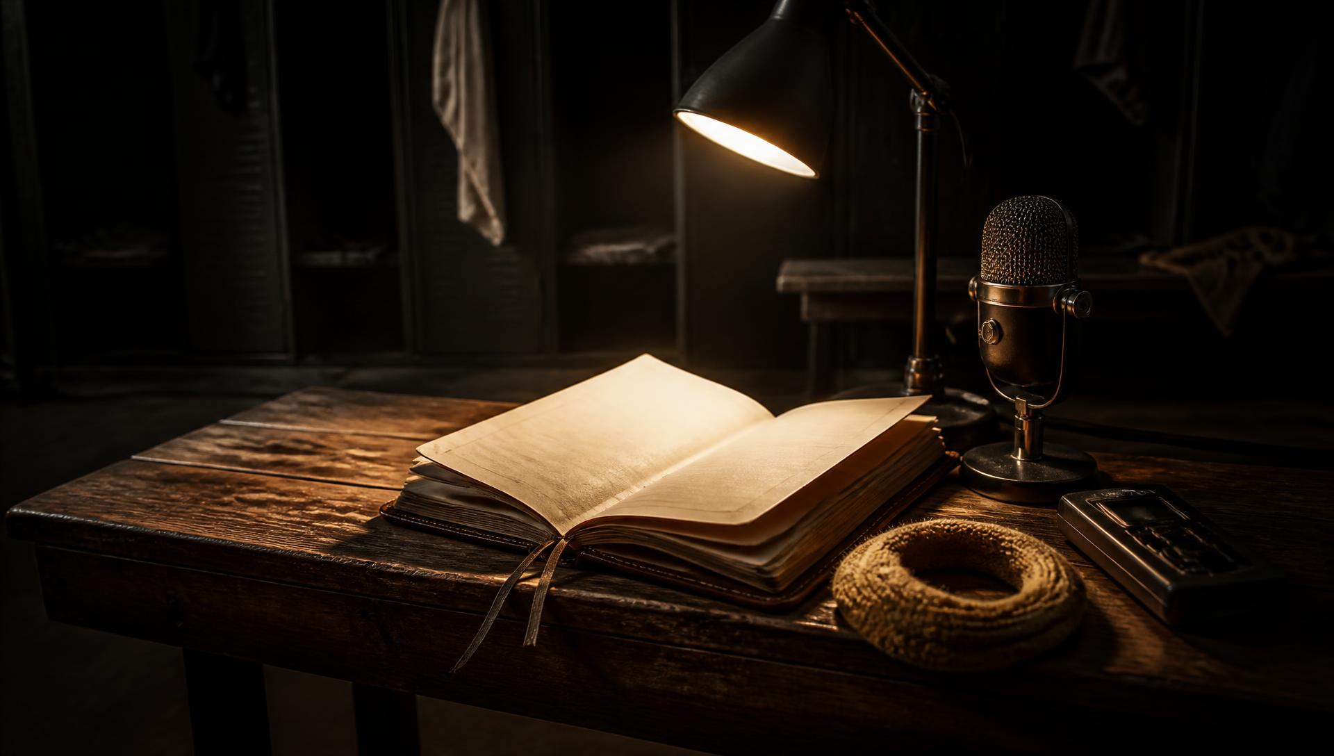 An open journal and vintage microphone lit by a warm desk lamp in a quiet locker room, evoking athlete testimony and storytelling
